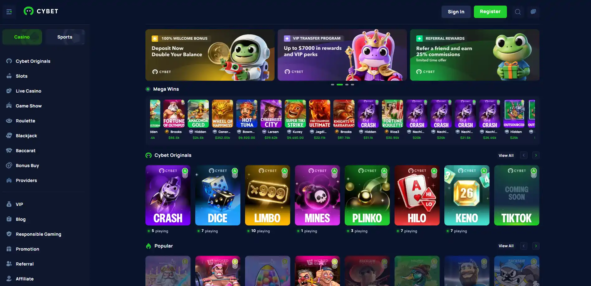 Cybet public casino homepage with navigation and game lobby sections