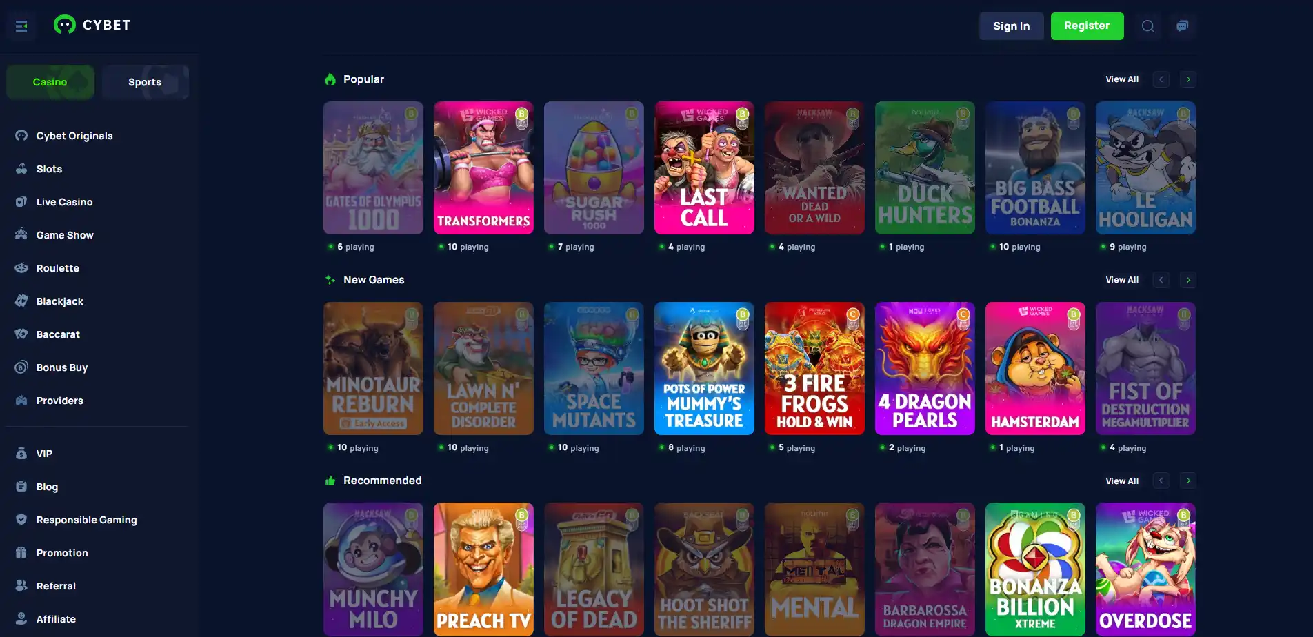 Cybet casino lobby showing game navigation and casino categories