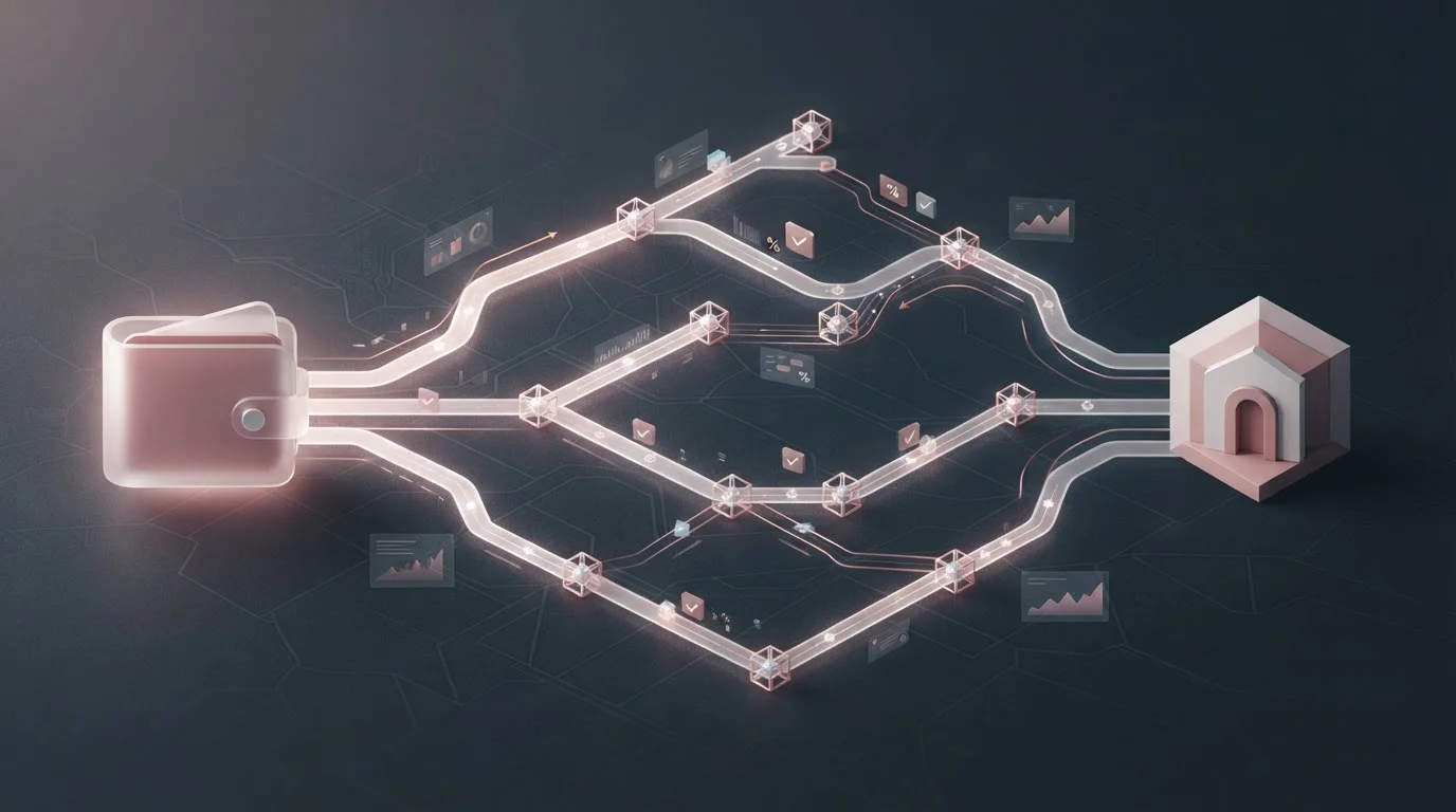 Crypto wallet transfer branching across several blockchain routes toward a casino account