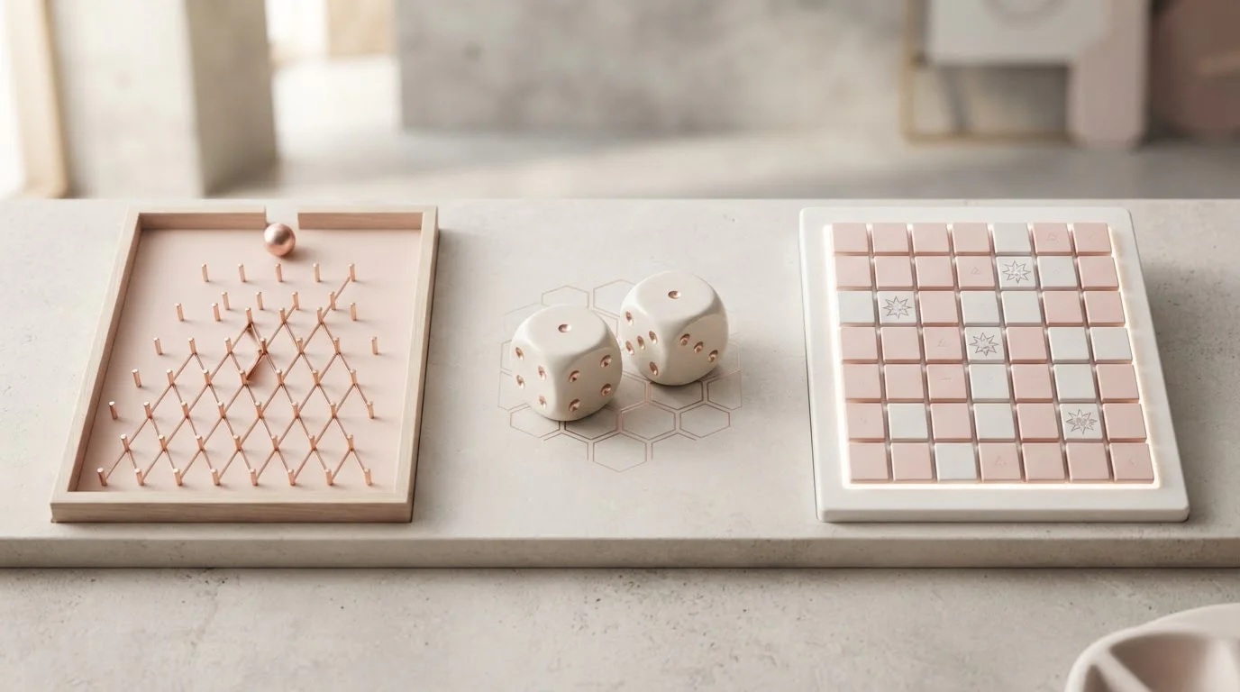 Abstract dice, pegboard and mine-grid game mechanics arranged side by side