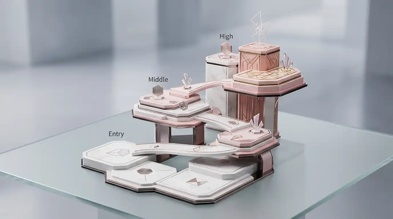 Layered casino reward tiers rising from a simple starting level to higher status bands